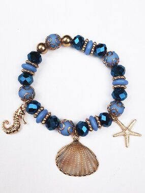 Navy Blue Gold Nautical Charm Bracelet Starfish Shell Seahorse Coastal Jewel NWT